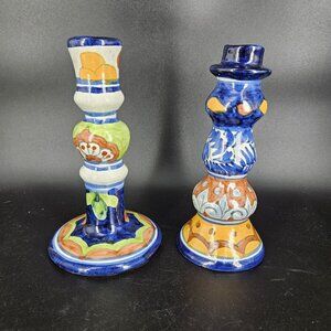 Vintage Talavera Pottery Candle Holders Pair Hand Painted 8" Folk Art Decor